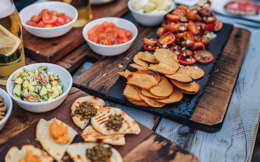 Assorted appetizers, salads, crackers, and dips arranged on a wooden table