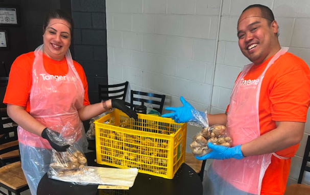 Two Tangerine volunteers package potatoes beside a yellow produce crate.