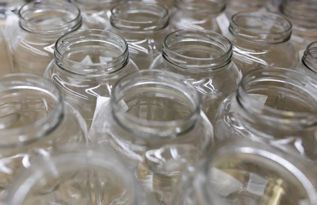 Rows of clean, empty glass jars viewed from above.